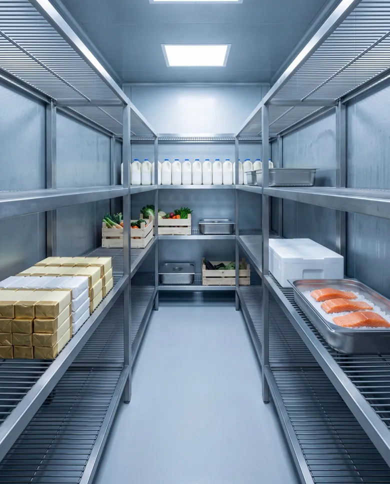 Chambre froide de restaurant : étagères inox, beurre, crème, saumon (décor généré)