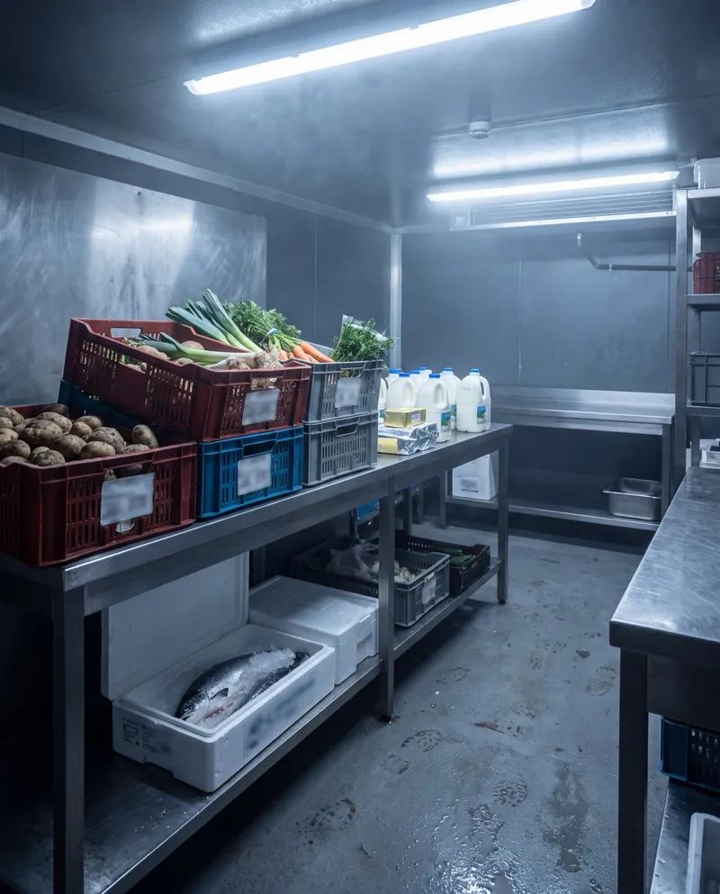 Zone de réception d'une cuisine : cagettes de légumes, lait, beurre, poisson sur glace (décor généré)