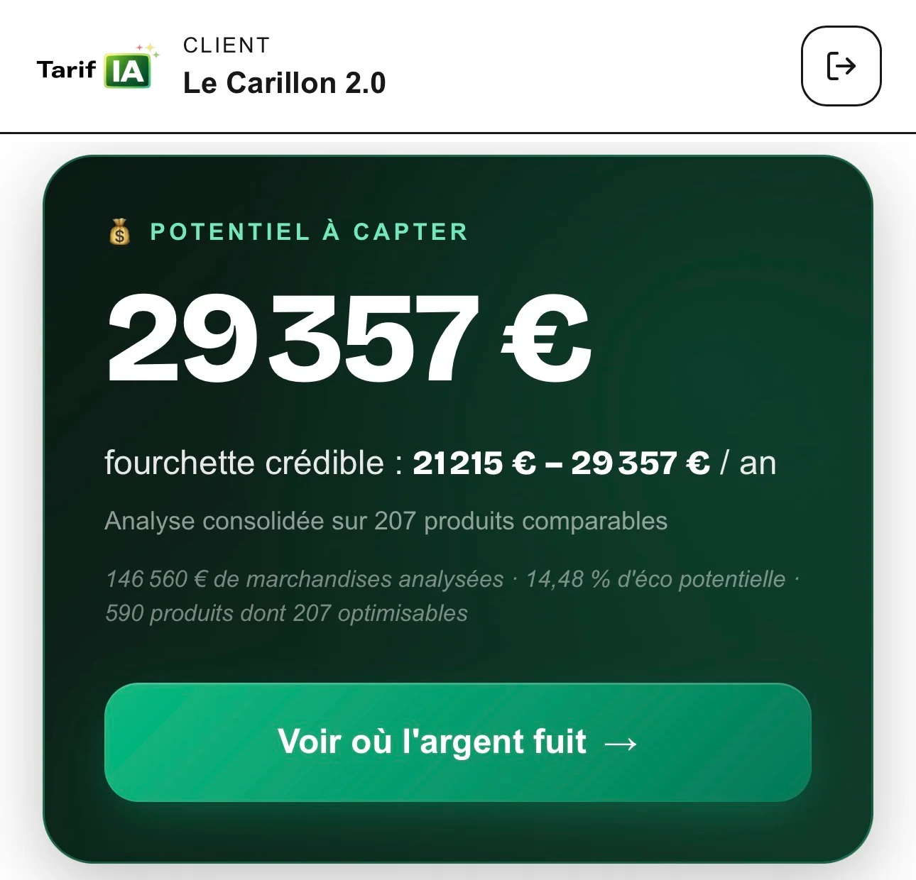 Dashboard client TarifIA — vue Potentiel à capter, 29 357 € détectés sur le compte démo Le Carillon 2.0