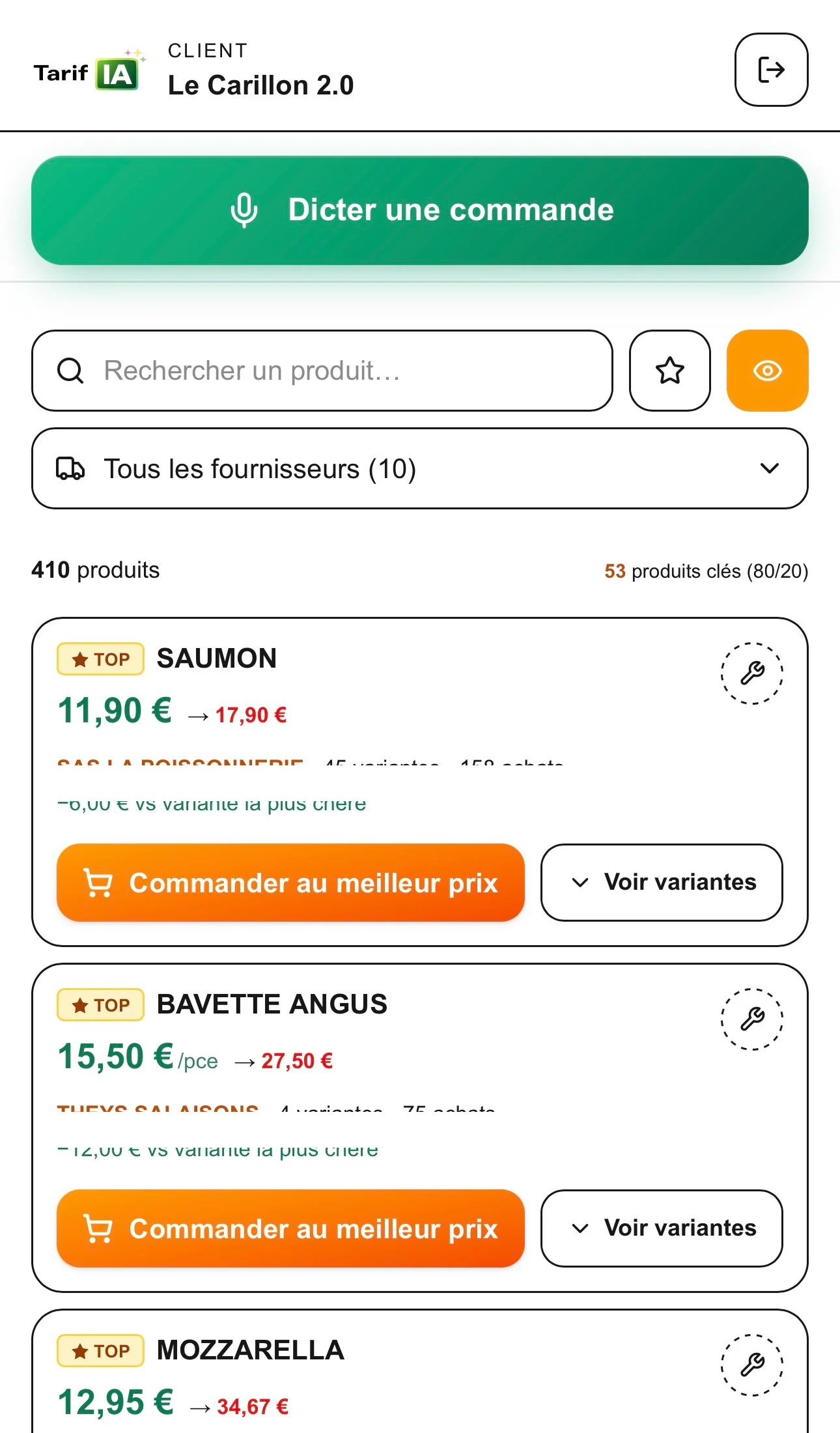 Vue fournisseurs TarifIA — produits clés avec fourchettes de prix, indicateurs de gain et badges TOP (compte démo Le Carillon 2.0, fournisseurs anonymisés)