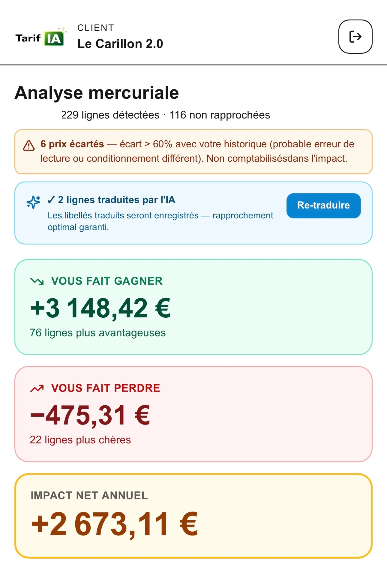 Analyse d'une grille de prix fournisseur dans TarifIA : lignes détectées, lignes plus avantageuses, lignes plus chères, prix douteux écartés
